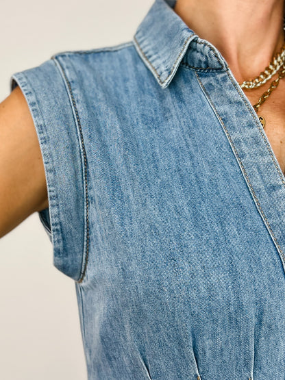 Button Up Midi Denim Shirt Dress with Side Pockets