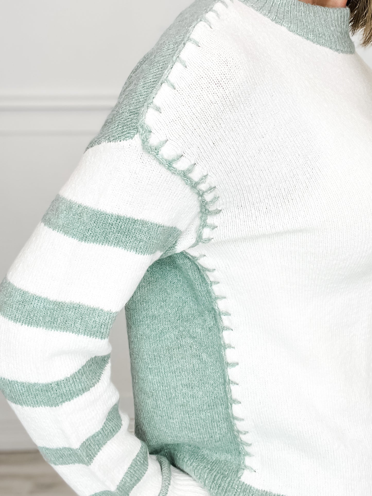 Blanket Stitch Detail Striped Sleeve Crew Neck Pullover Sweater