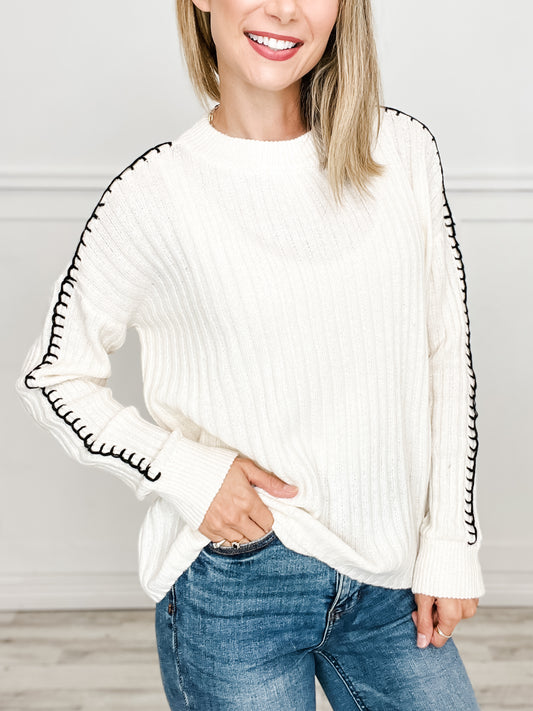 Vertical Ribbed Blanket Stitch Detail Crew Neck Long Sleeve Pullover Sweater