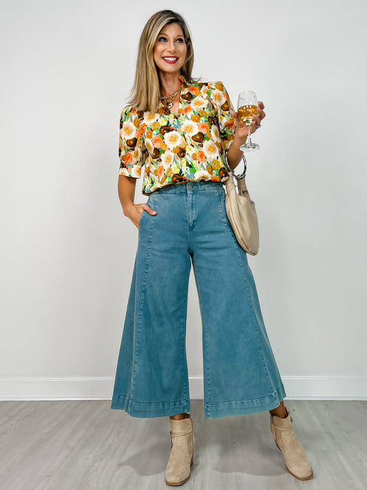 High Rise Cropped Gaucho Denim in Teal