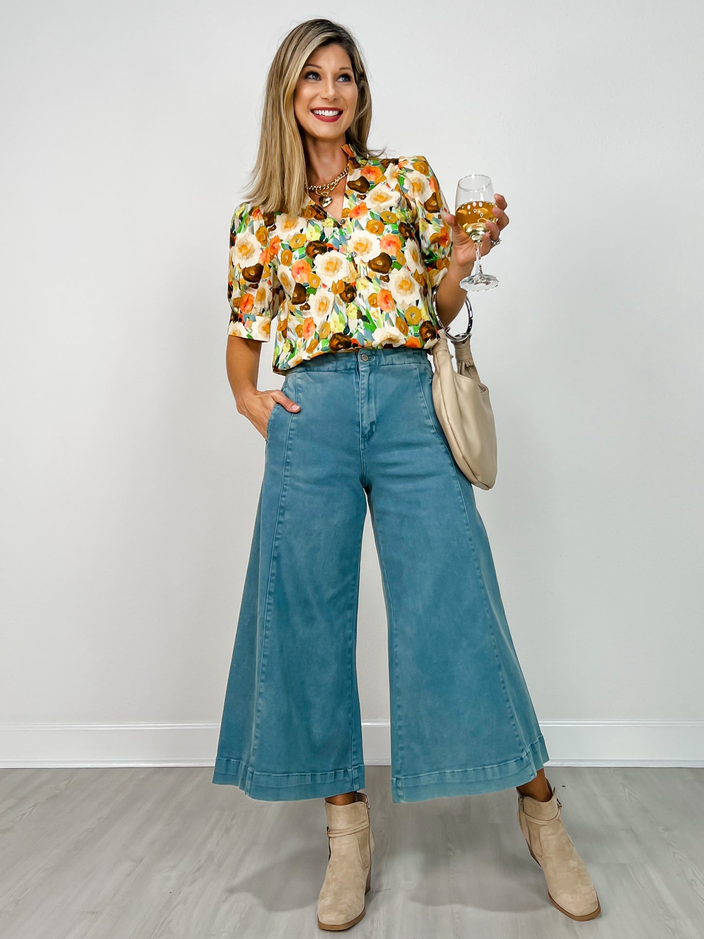 High Rise Cropped Gaucho Denim in Teal