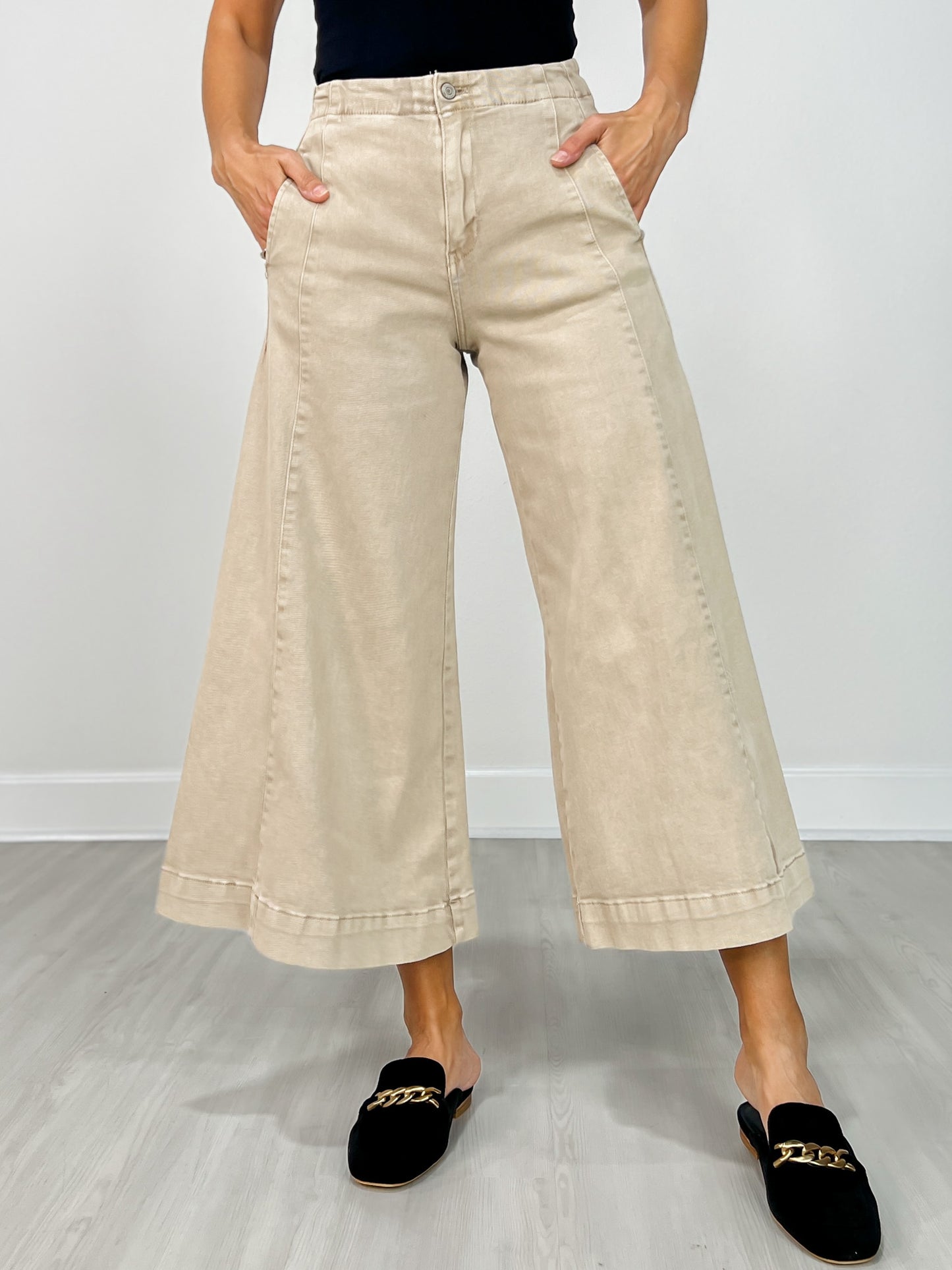 High Rise Cropped Gaucho Denim in Ash Mocha