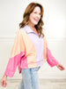Solid Knit Color Block Top with Collared Neckline and Hi-Lo Hem