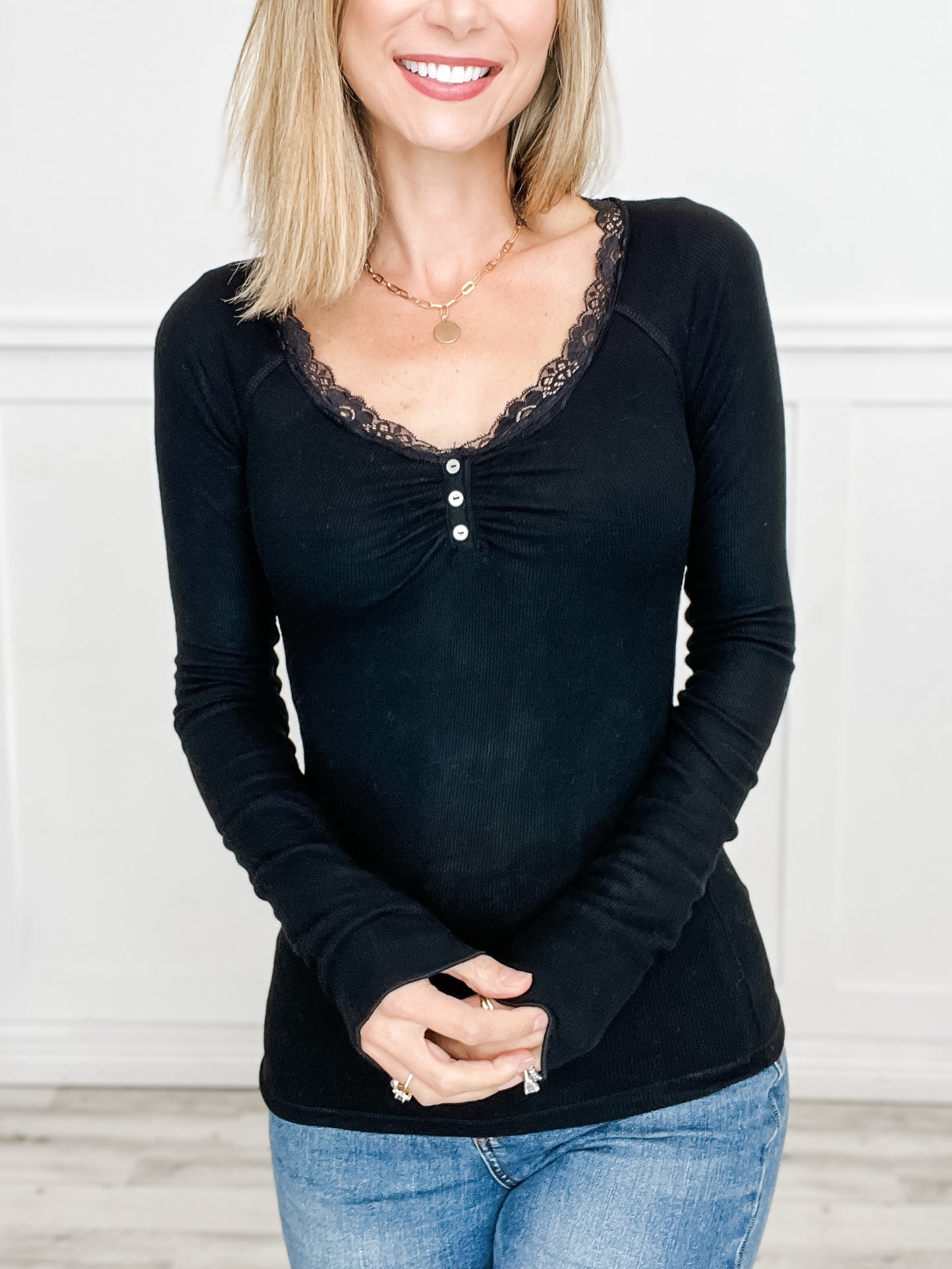 Long Sleeve Fitted Henley Top with Lace Accents