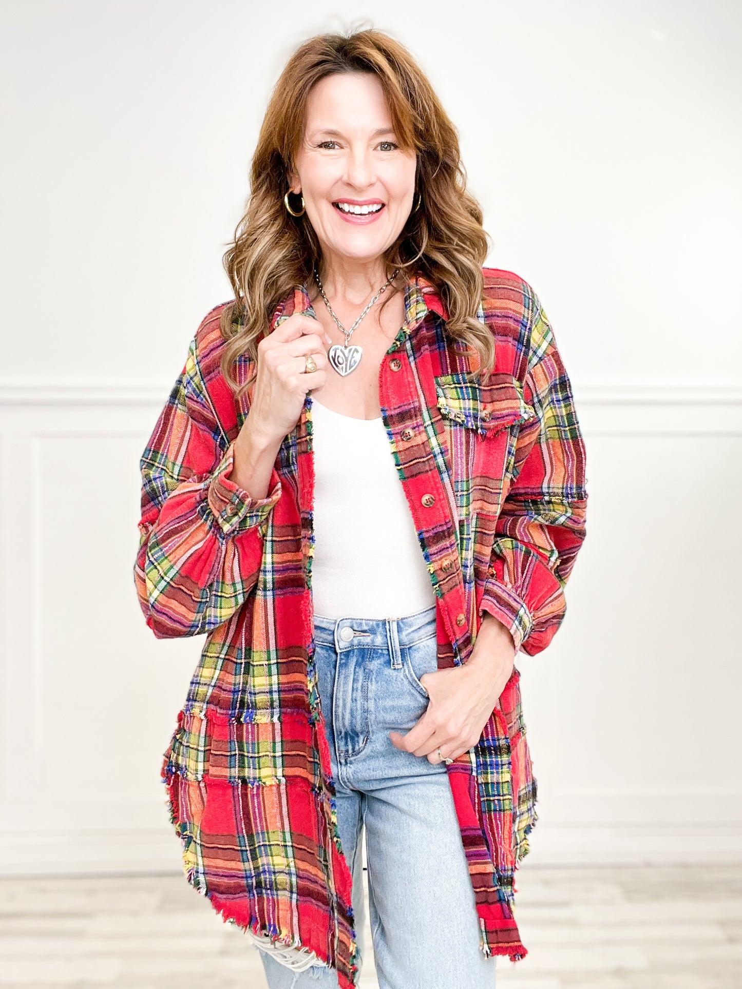 Plaid Exposed Raw Hem Button Down Collared Top