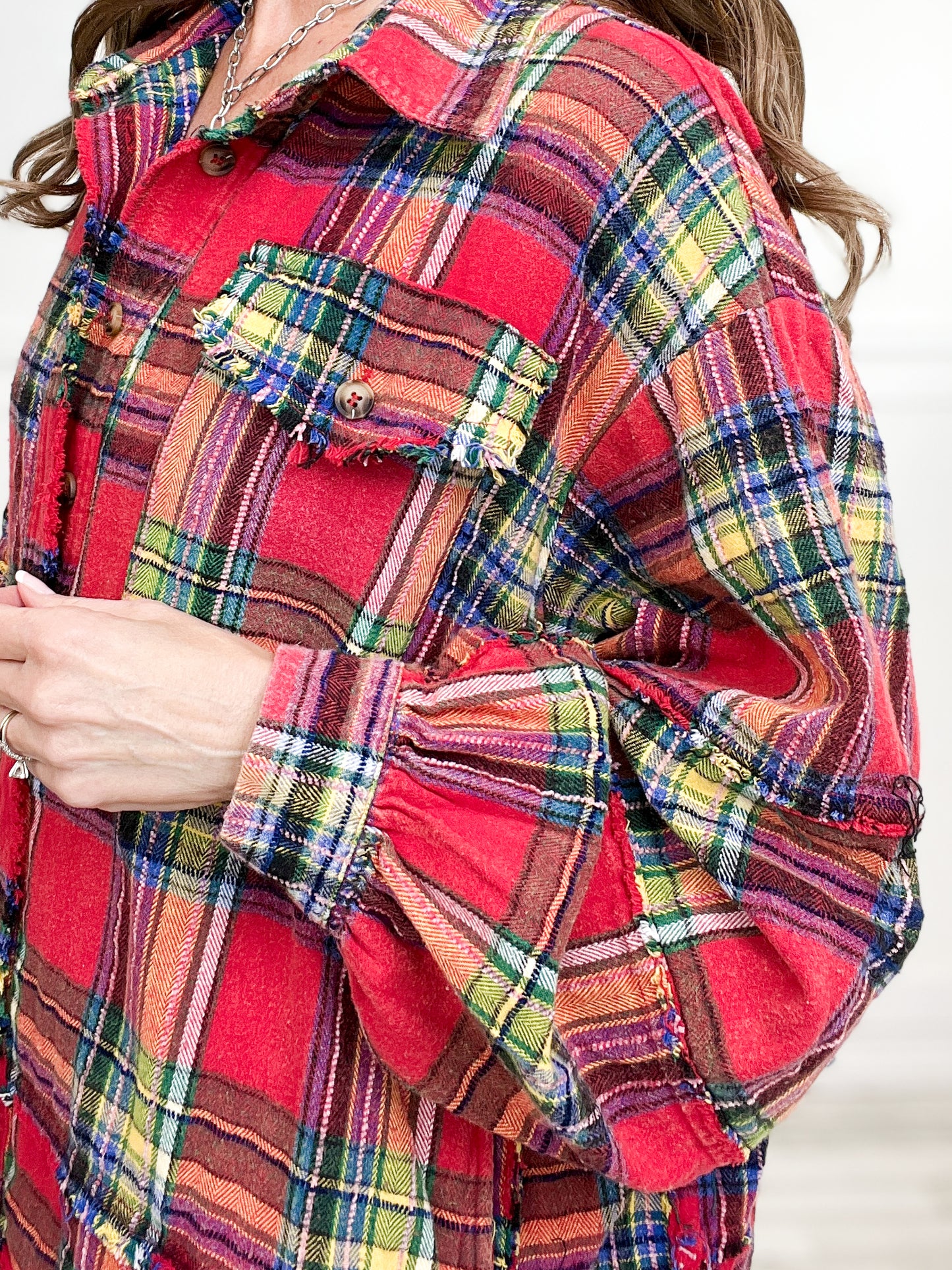 Plaid Exposed Raw Hem Button Down Collared Top