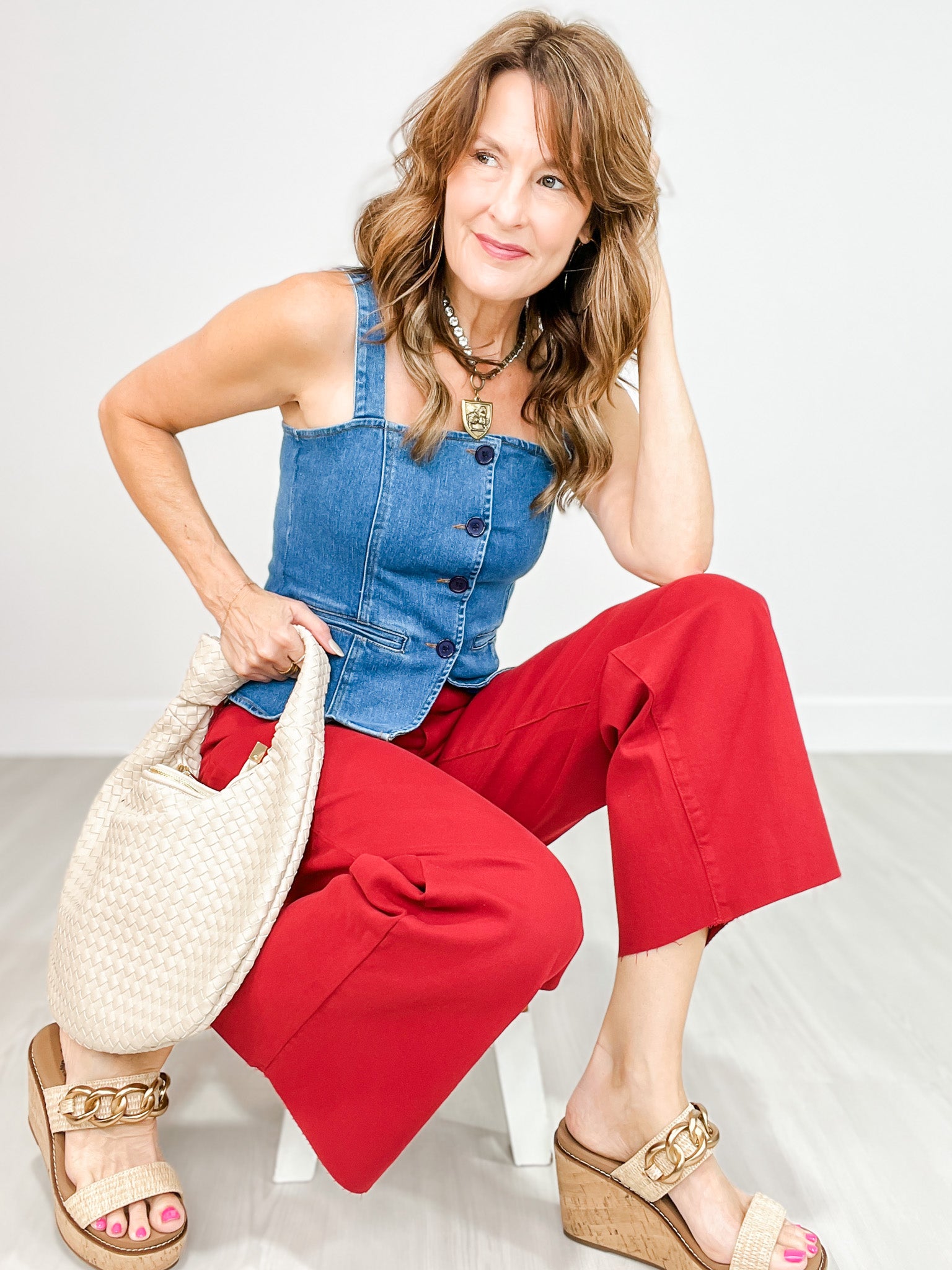 Button Down Fitted Sleeveless Denim Top