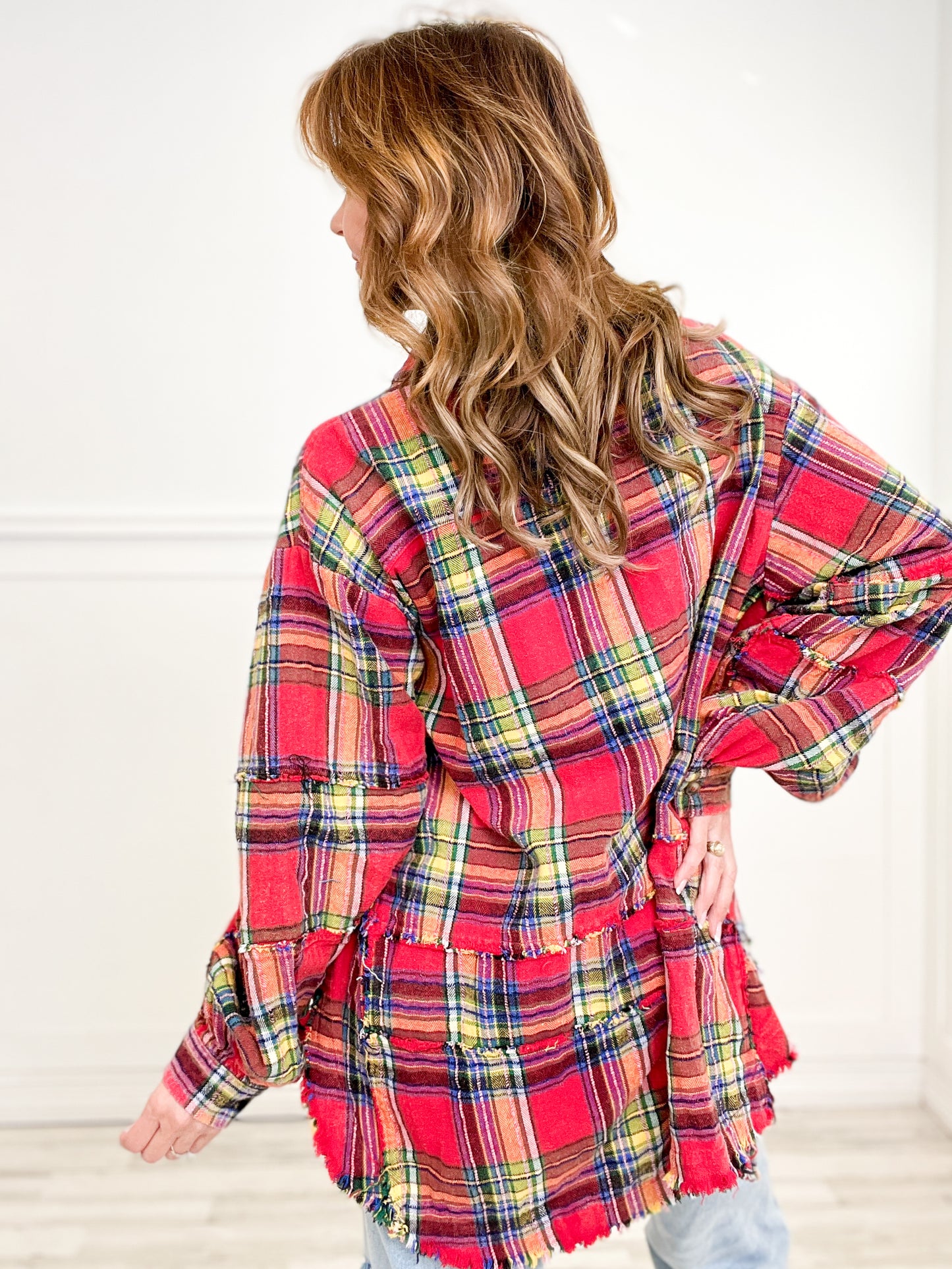 Plaid Exposed Raw Hem Button Down Collared Top