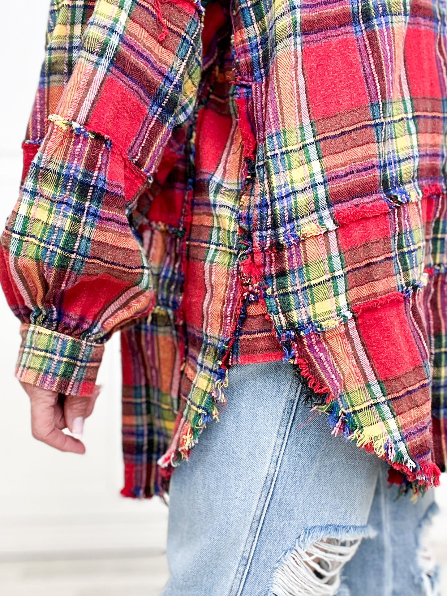 Plaid Exposed Raw Hem Button Down Collared Top