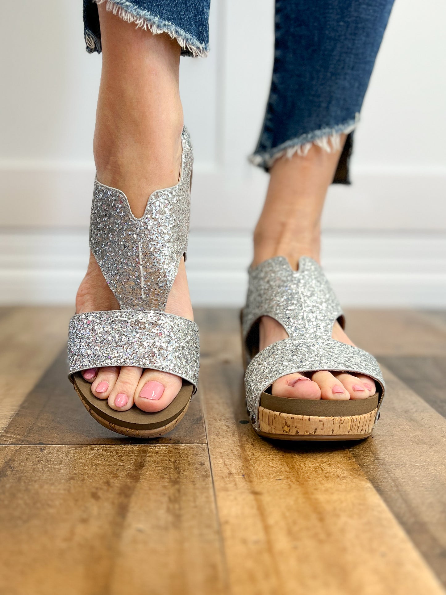 Corkys Refreshing Silver Chunky Glitter Wedge Sandal Shoes