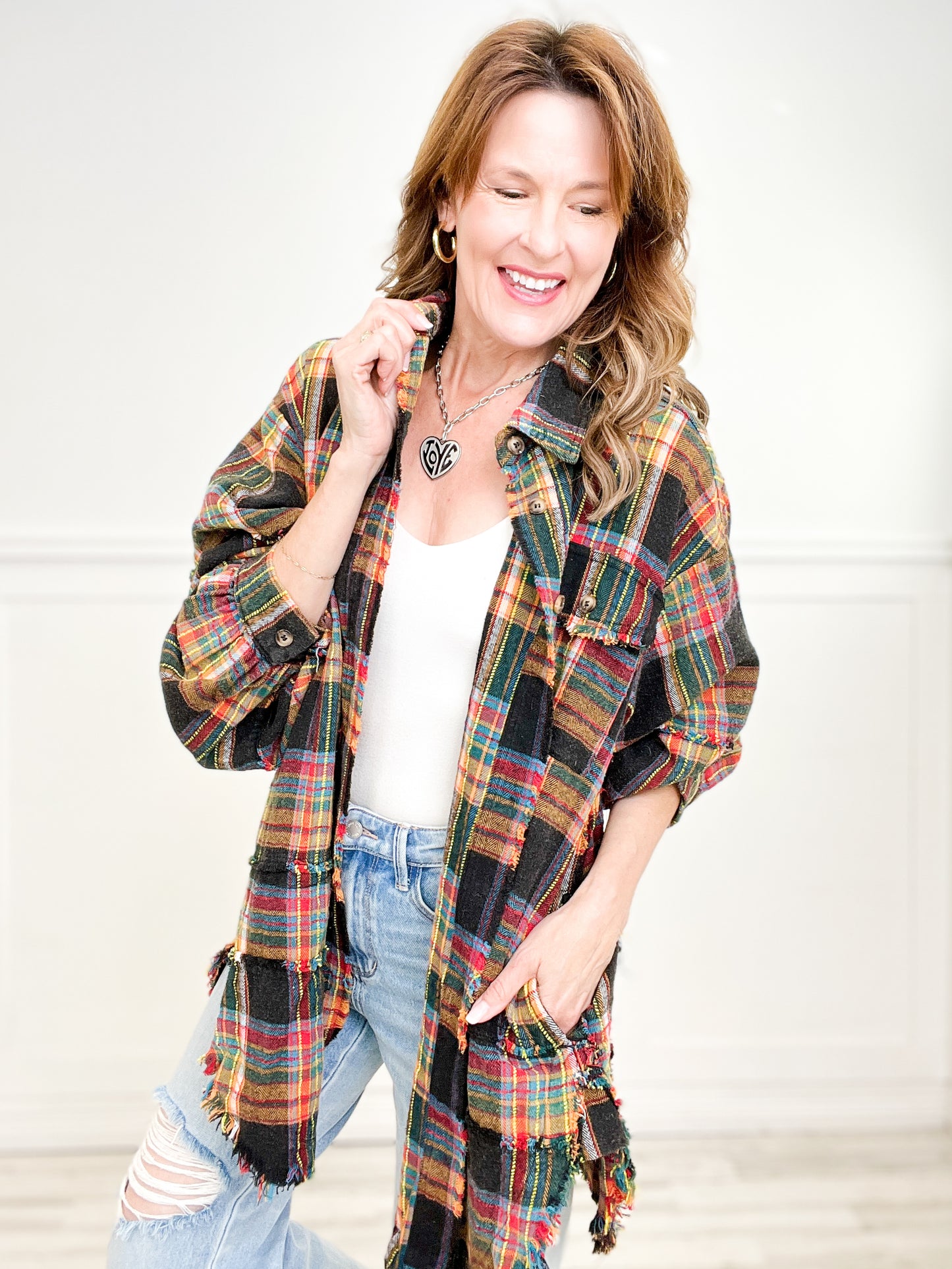 Plaid Exposed Raw Hem Button Down Collared Top