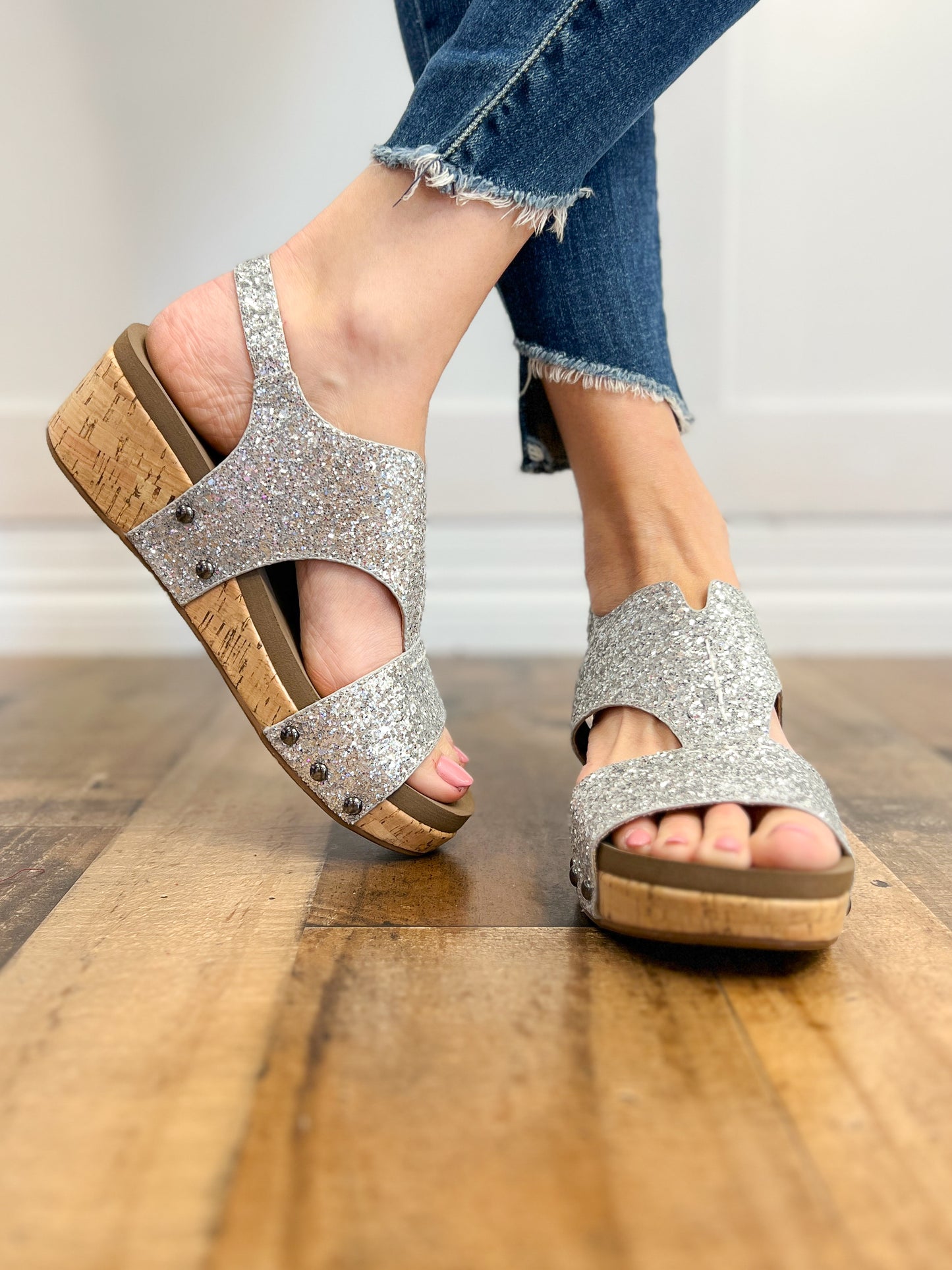 Corkys Refreshing Silver Chunky Glitter Wedge Sandal Shoes