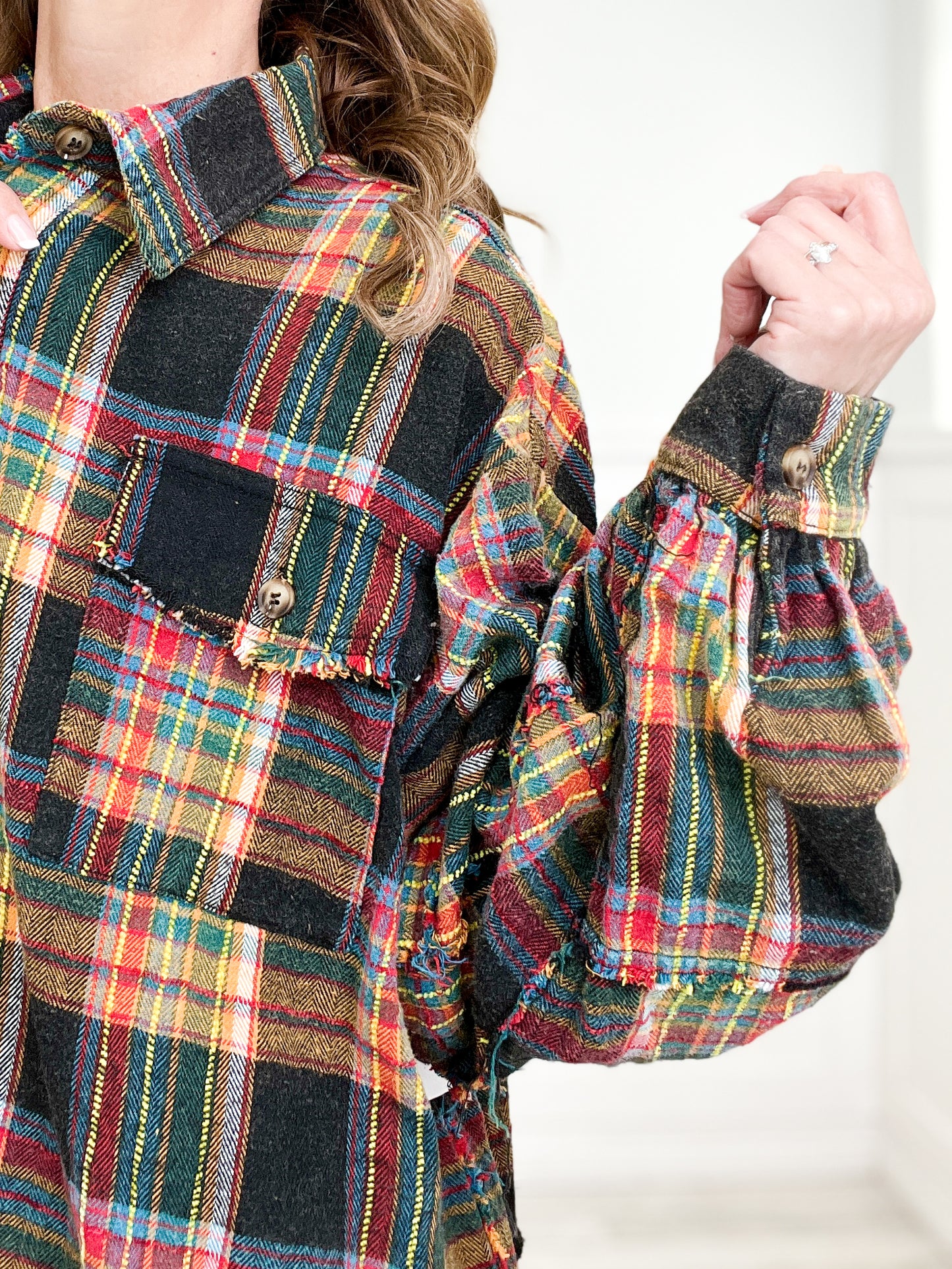 Plaid Exposed Raw Hem Button Down Collared Top