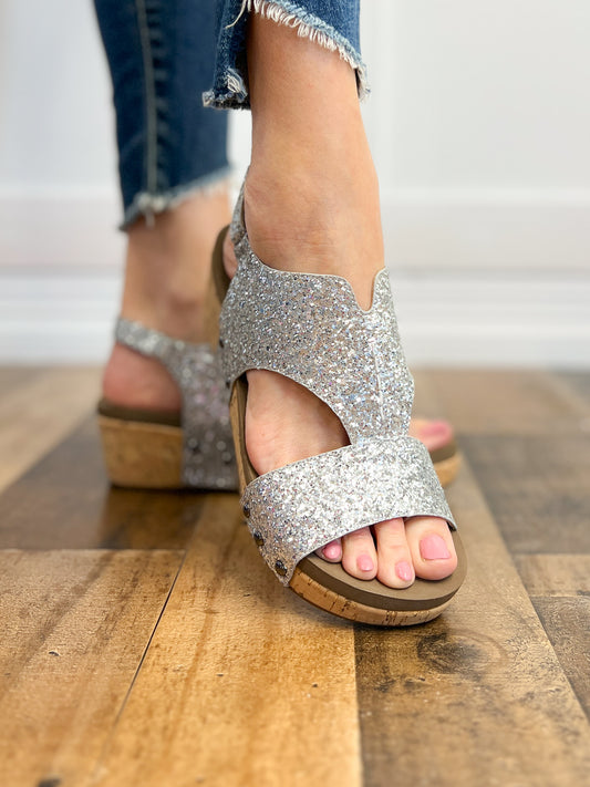 Corkys Refreshing Silver Chunky Glitter Wedge Sandal Shoes