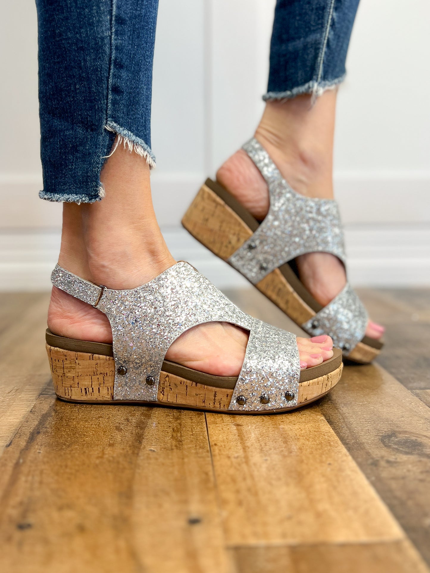 Corkys Refreshing Silver Chunky Glitter Wedge Sandal Shoes