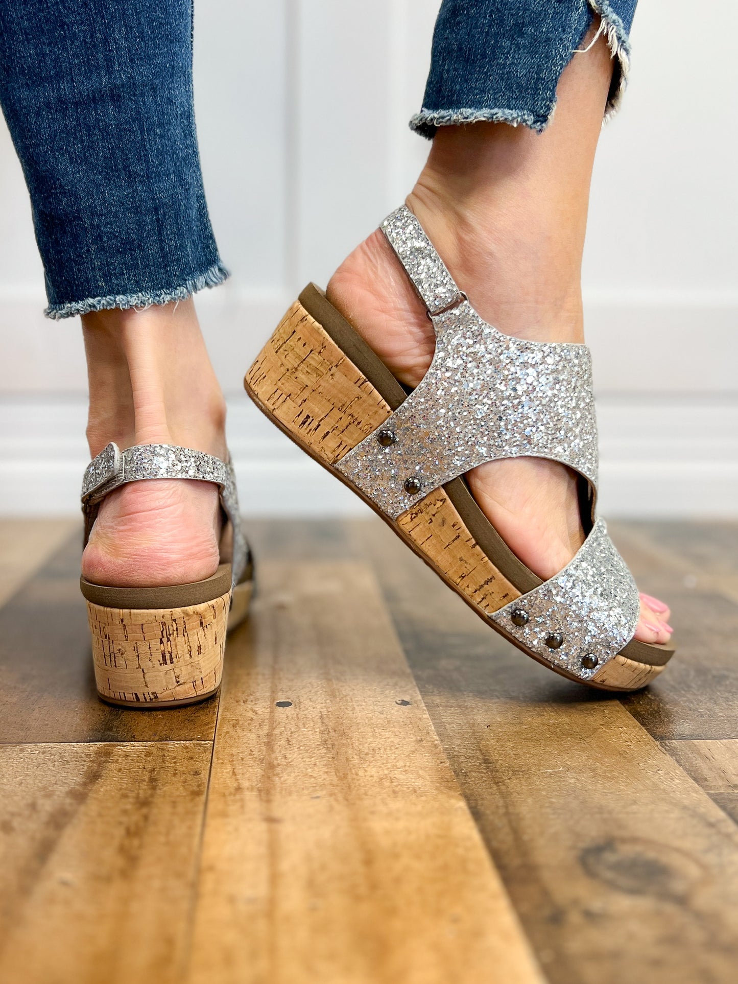 Corkys Refreshing Silver Chunky Glitter Wedge Sandal Shoes