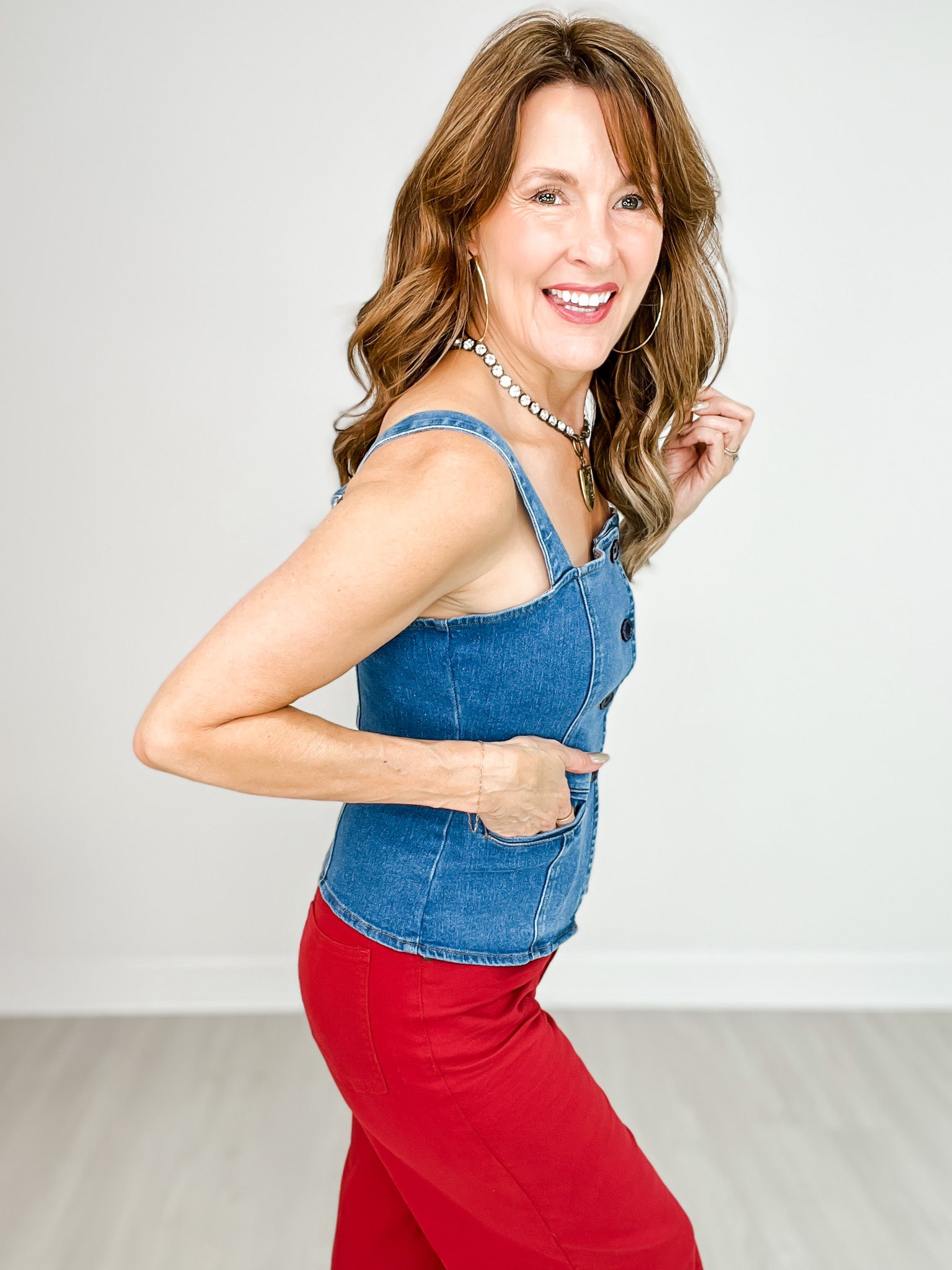 Button Down Fitted Sleeveless Denim Top