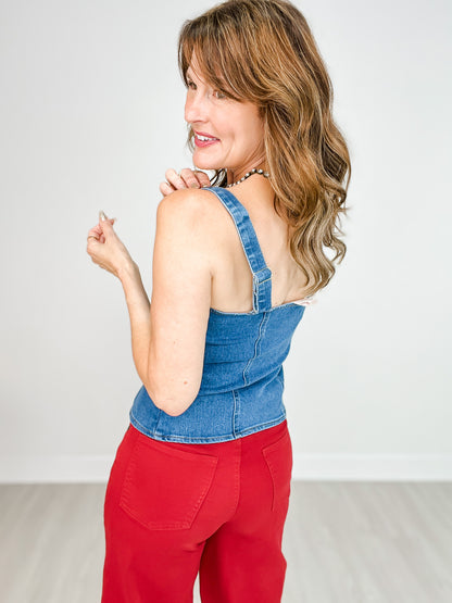 Button Down Fitted Sleeveless Denim Top