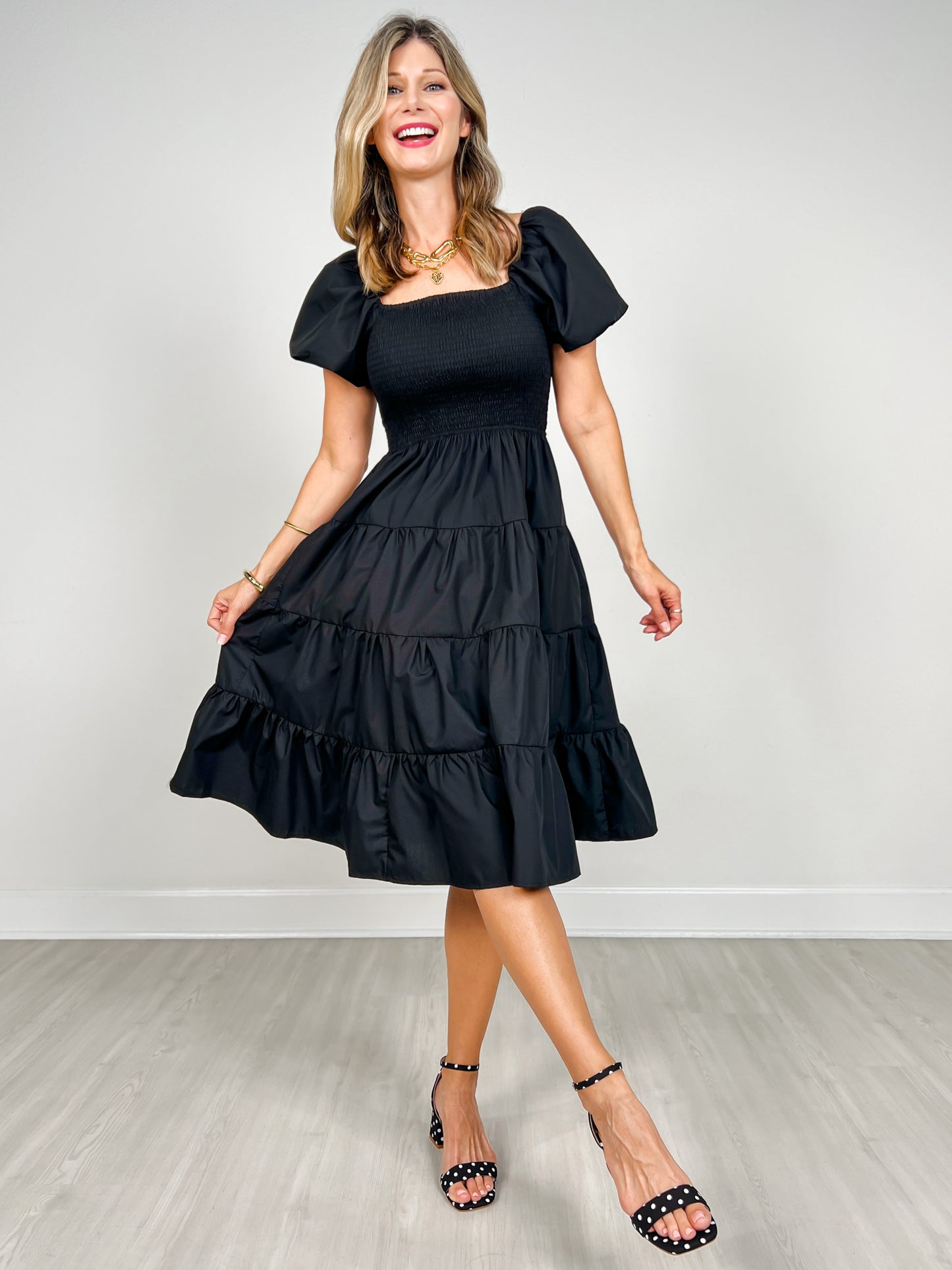 Smocked Bust Puff Sleeve Tiered Midi Dress
