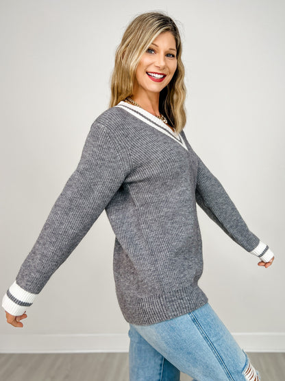 V-Neck Tapered Hem Long Sleeve Sweater