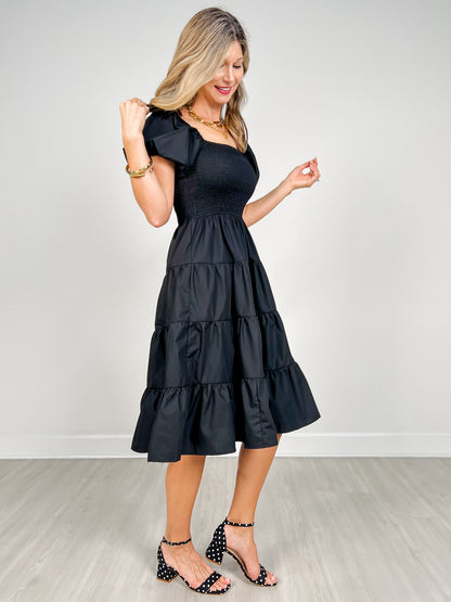 Smocked Bust Puff Sleeve Tiered Midi Dress