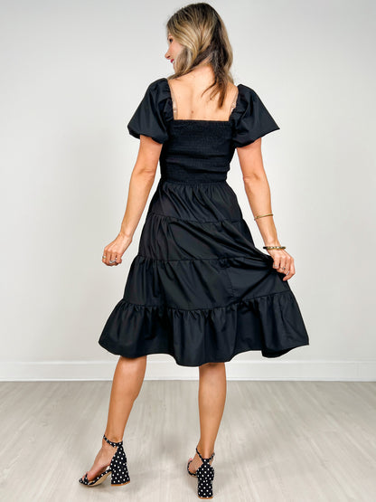 Smocked Bust Puff Sleeve Tiered Midi Dress