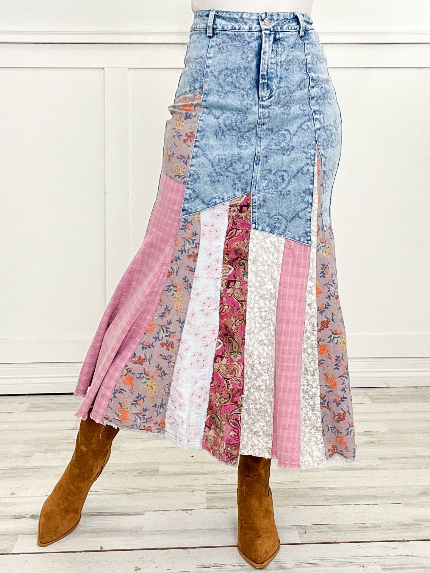 Contrast Denim Full Length Skirt