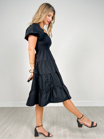 Smocked Bust Puff Sleeve Tiered Midi Dress