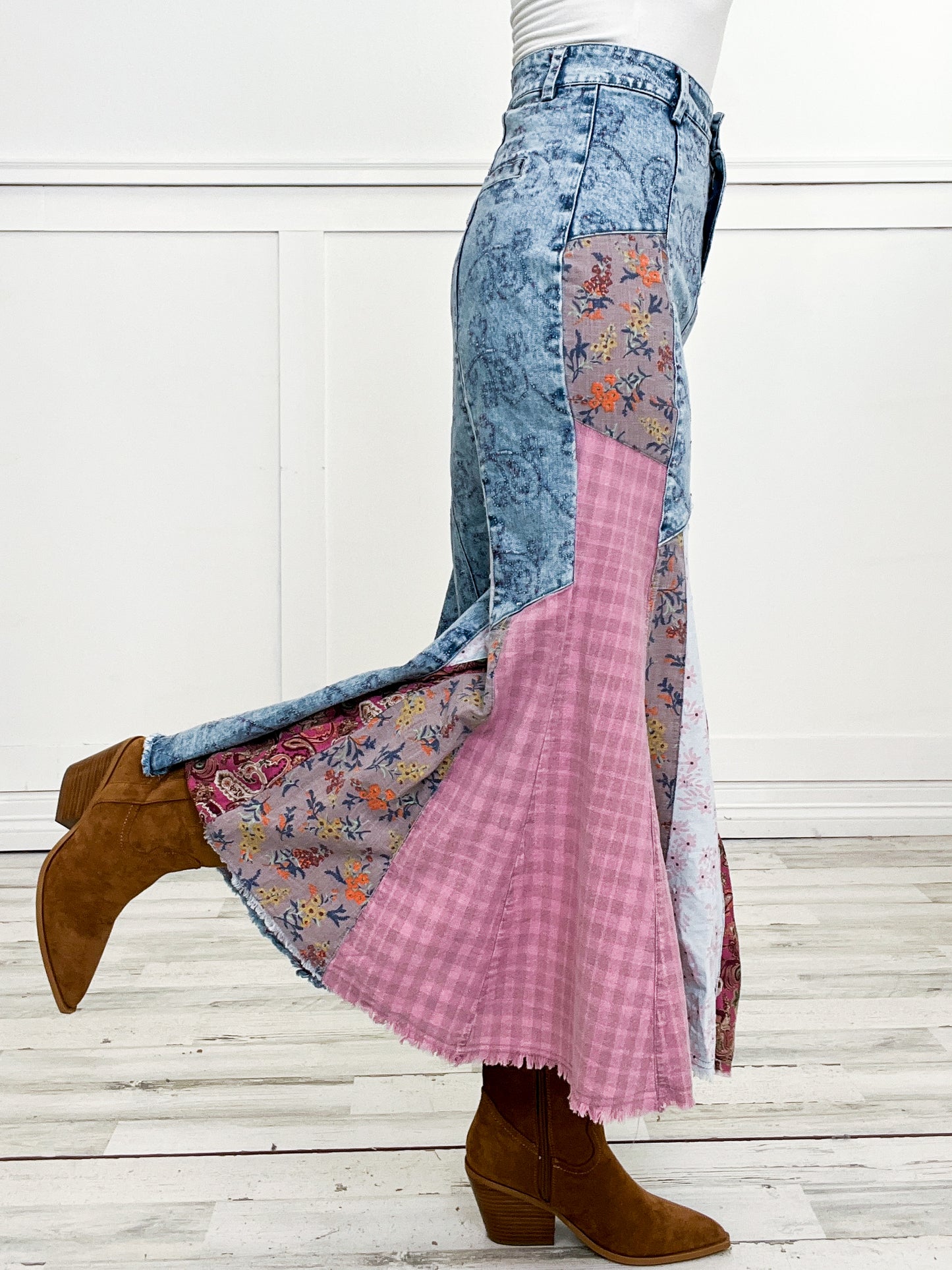 Contrast Denim Full Length Skirt