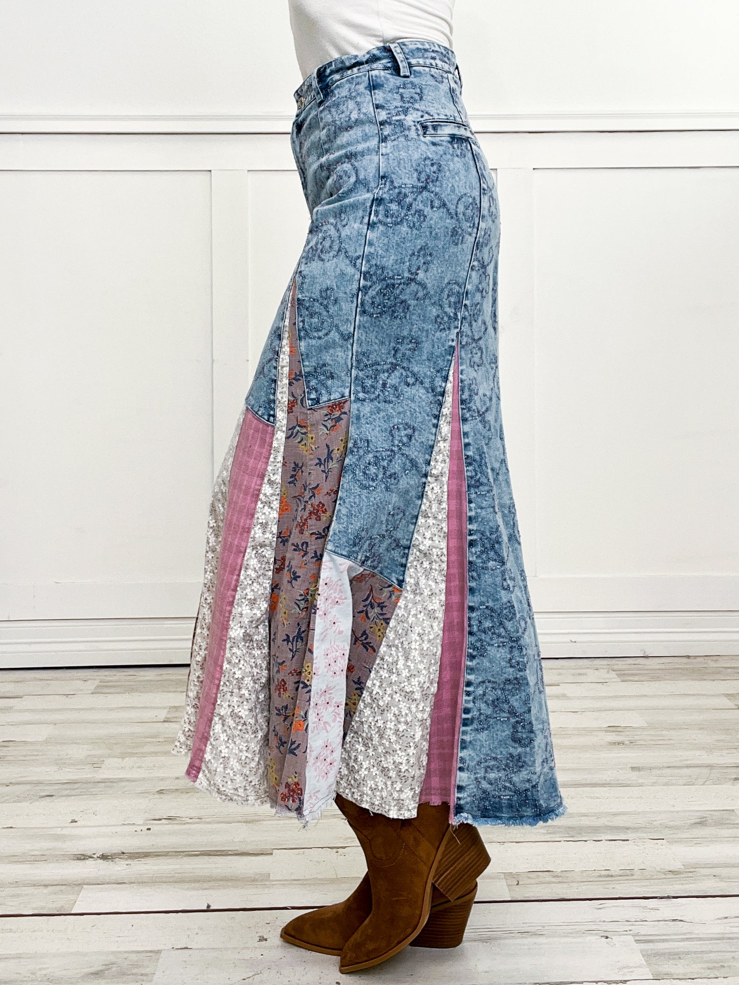 Contrast Denim Full Length Skirt