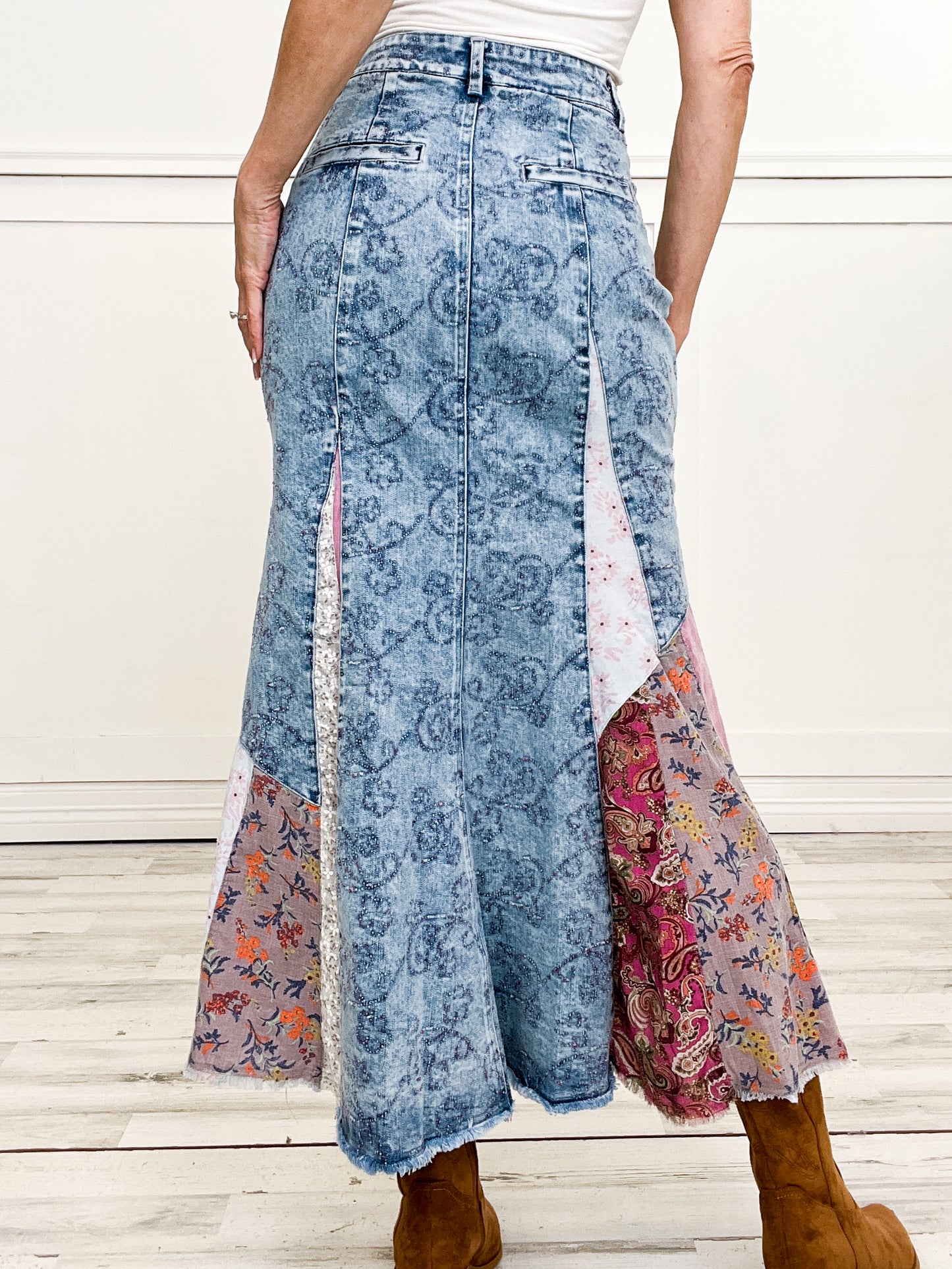 Contrast Denim Full Length Skirt