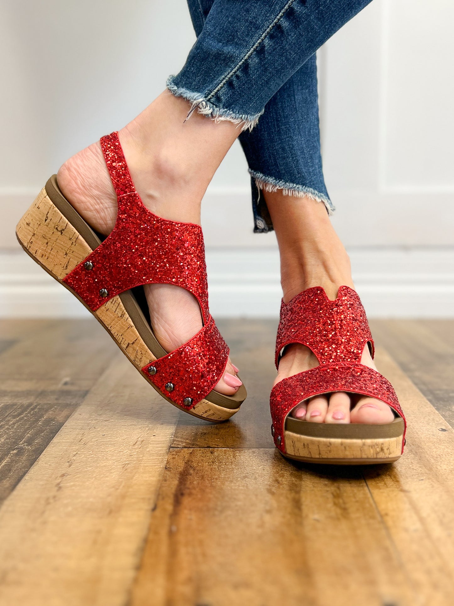 Corkys Refreshing Red Chunky Glitter Wedge Sandal Shoes