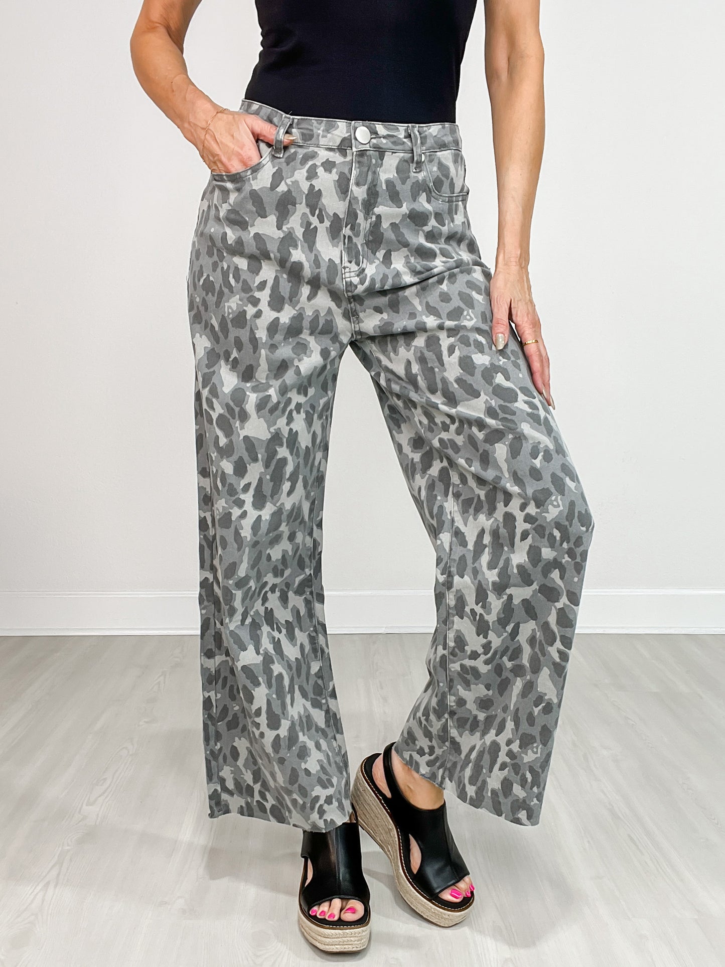 Wide Leg Animal Print Twill Pants with Raw Hem