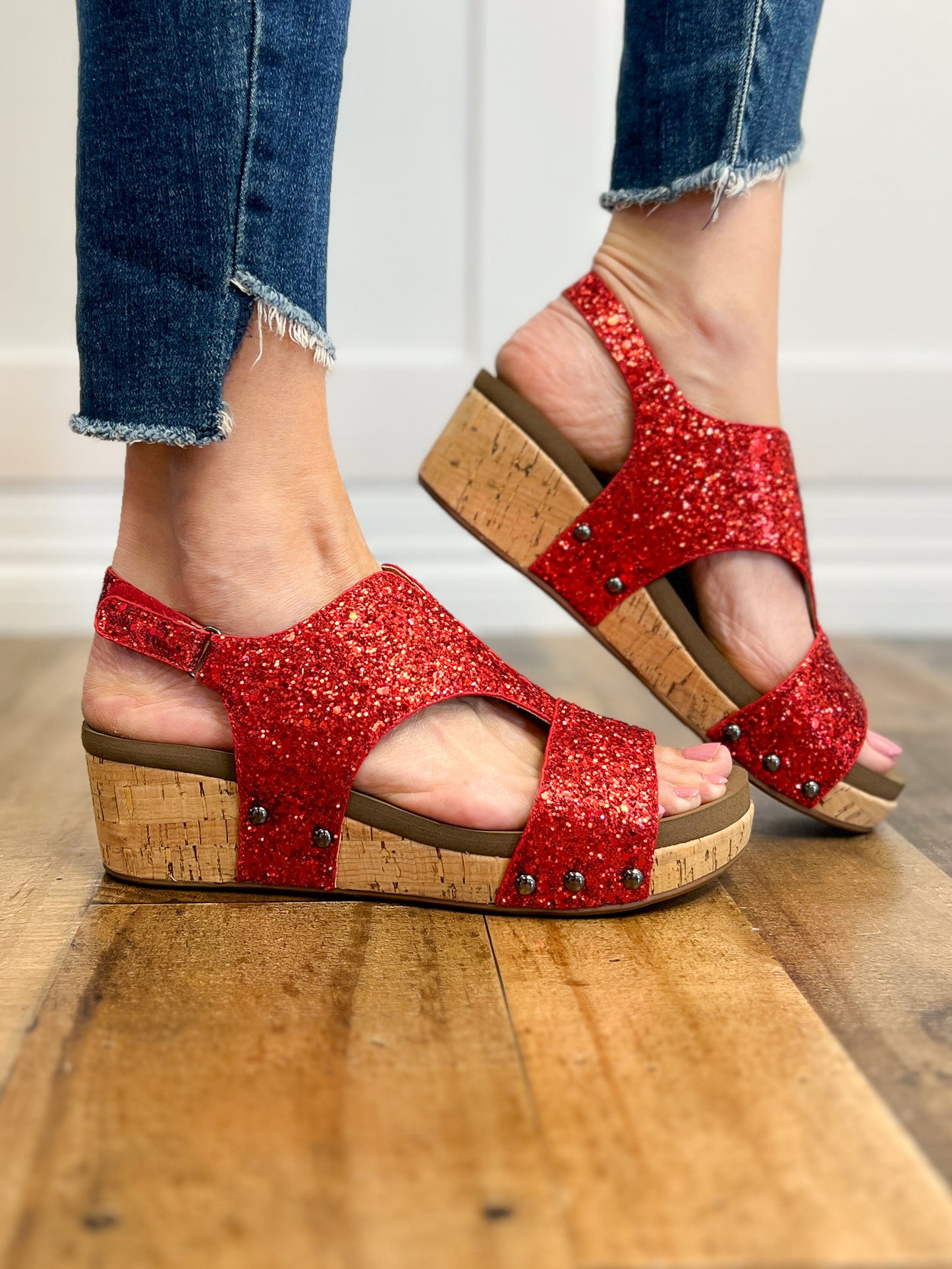 Corkys Refreshing Red Chunky Glitter Wedge Sandal Shoes