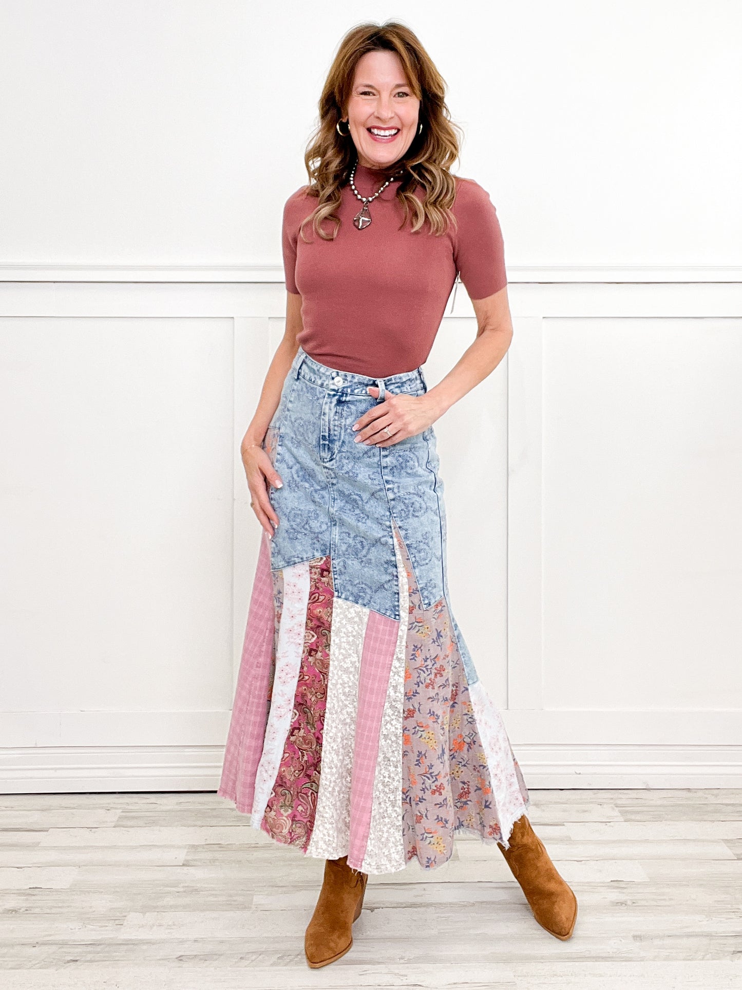 Contrast Denim Full Length Skirt