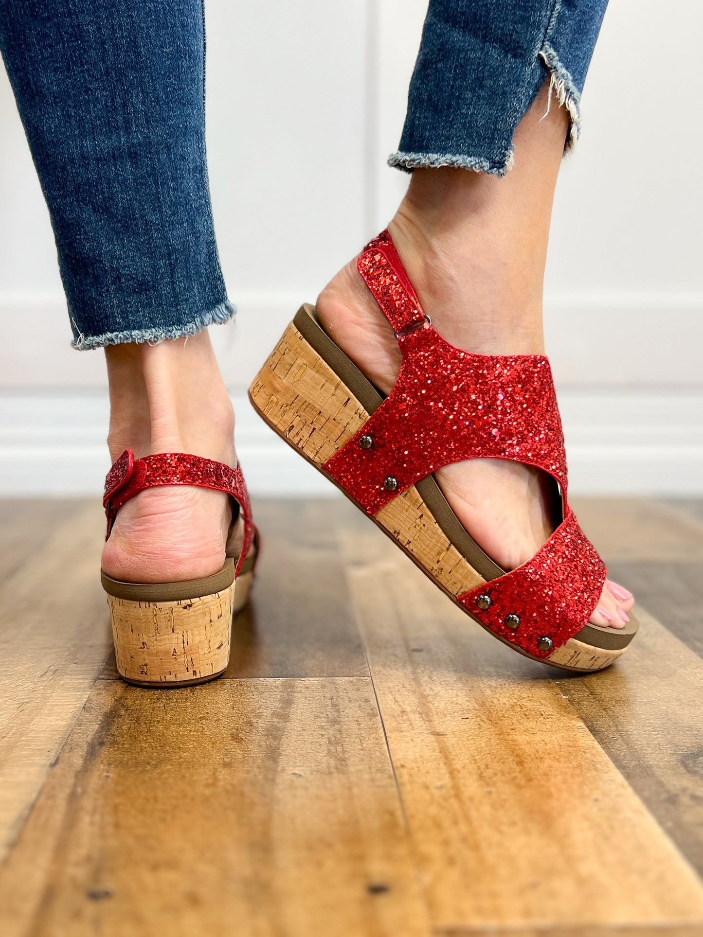 Corkys Refreshing Red Chunky Glitter Wedge Sandal Shoes