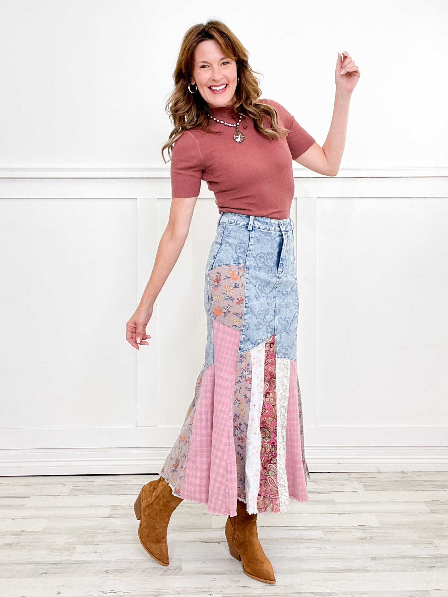 Contrast Denim Full Length Skirt