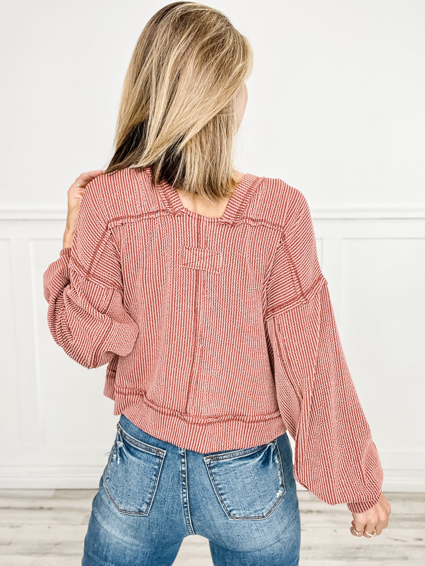 Two Tone Double Oversized Knit Top with Wide Round Neck Band