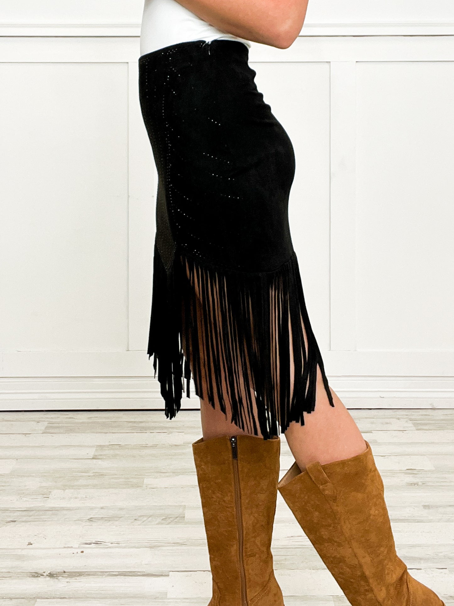 Laser Cut Detail Chic Suede Fringe Skirt