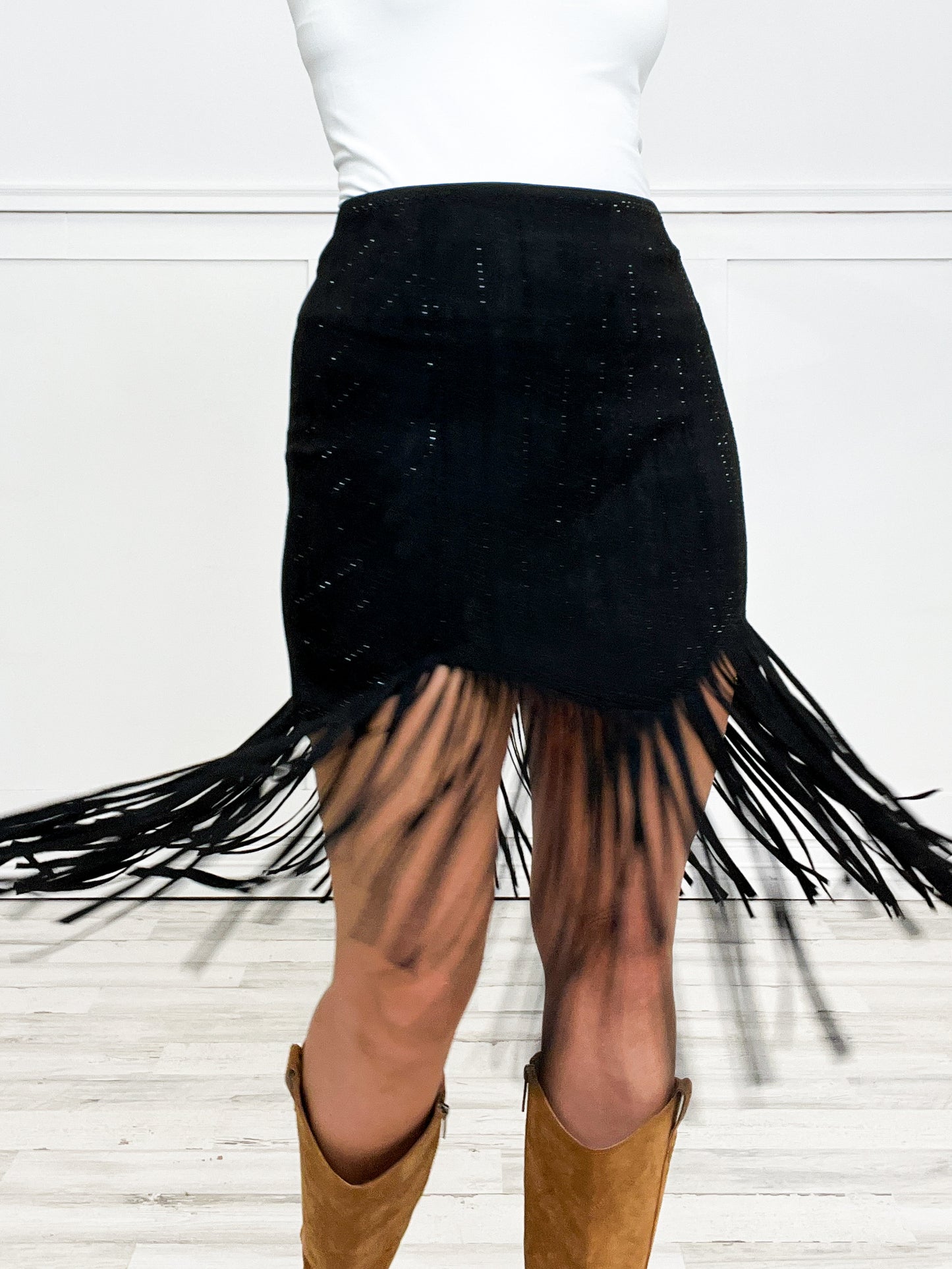 Laser Cut Detail Chic Suede Fringe Skirt