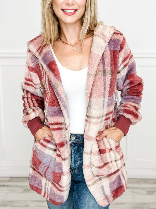 Oversized Faux Fur Plaid Tunic Hooded Printed Jacket