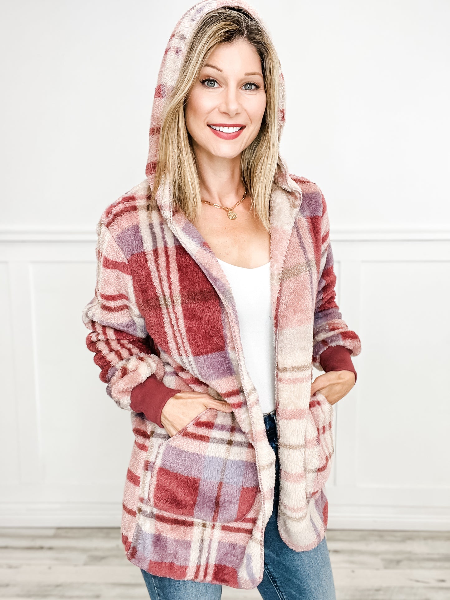 Oversized Faux Fur Plaid Tunic Hooded Printed Jacket