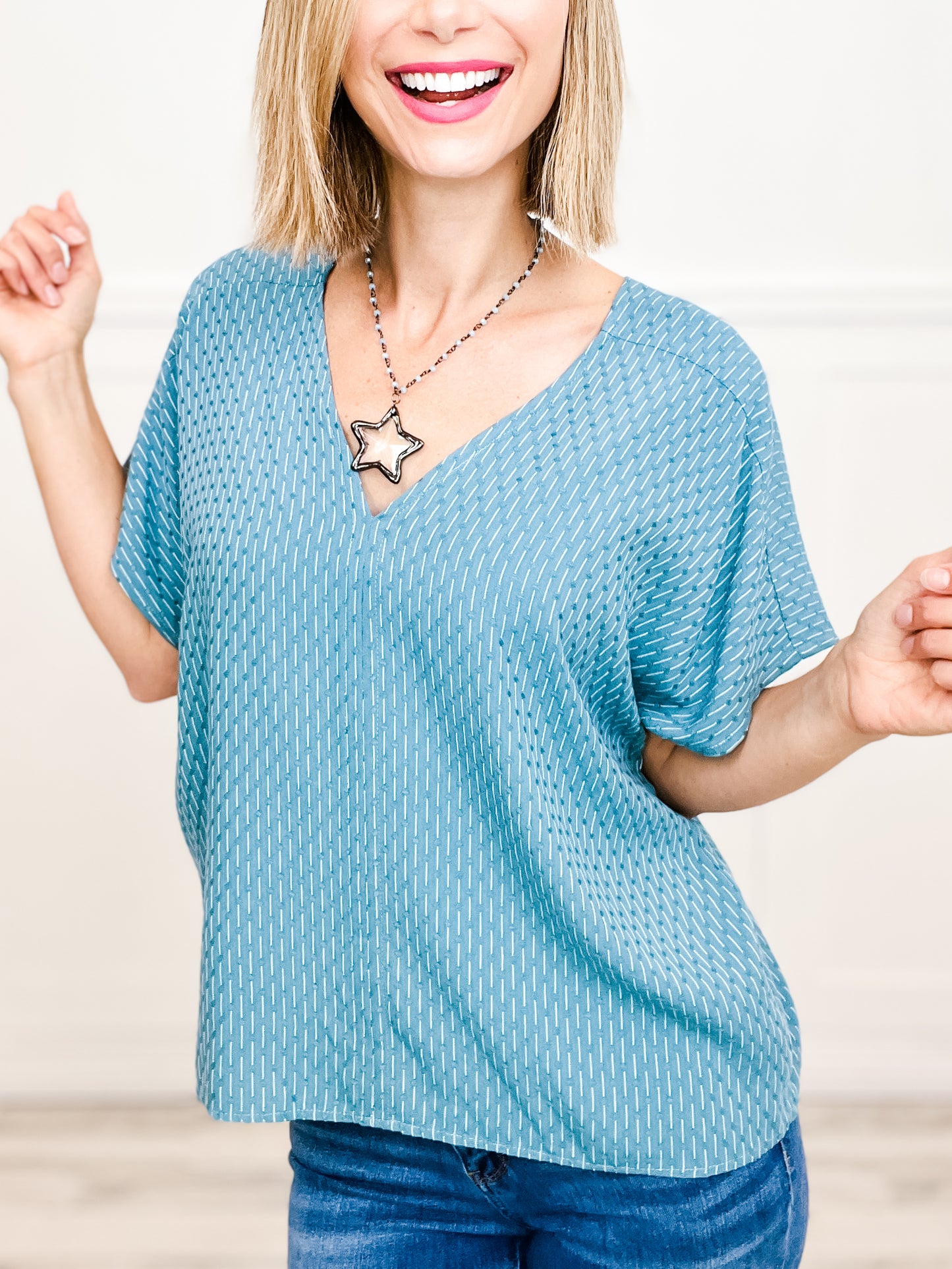 TEXTURE V NECK WOVEN TOP