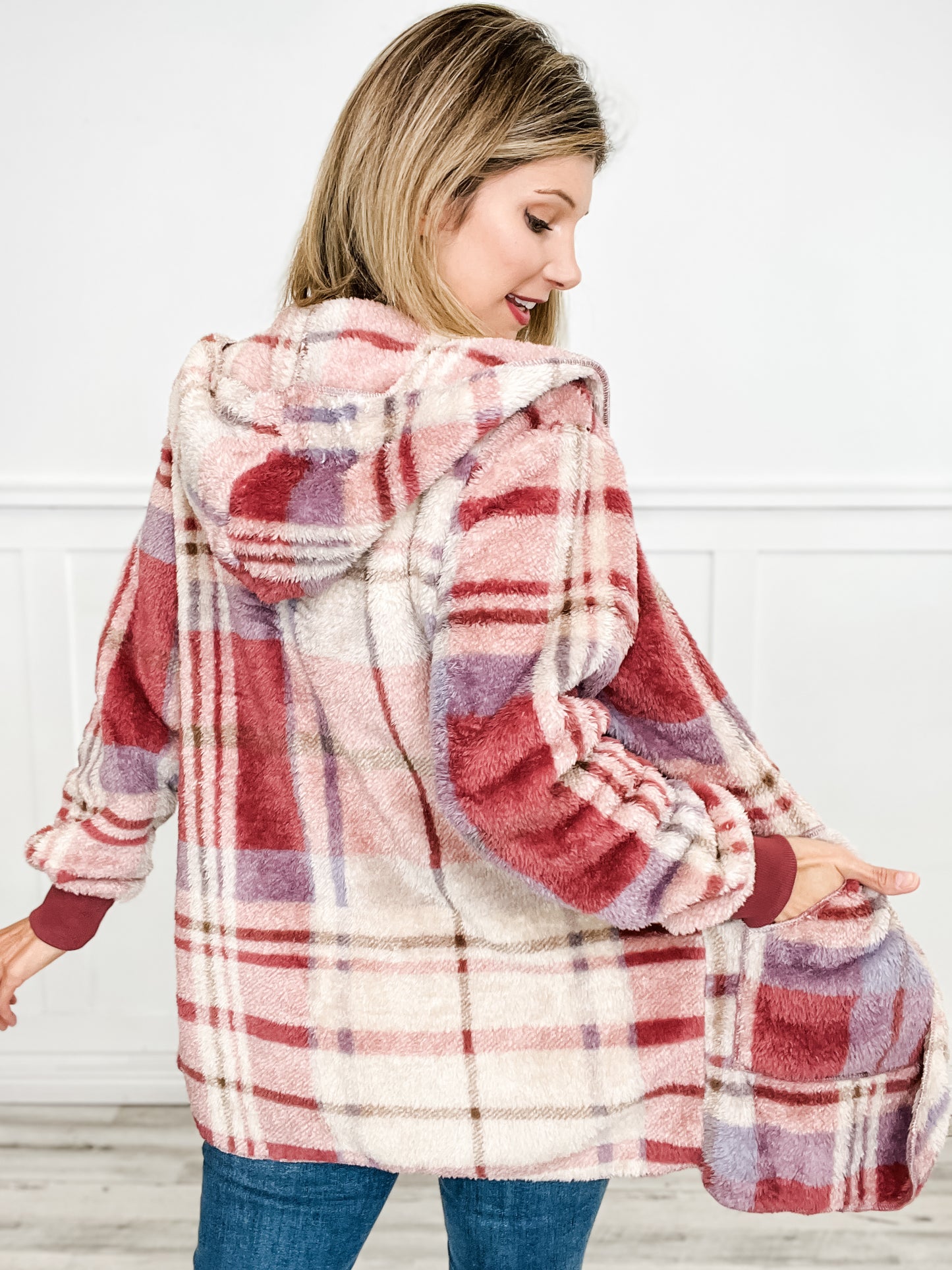 Oversized Faux Fur Plaid Tunic Hooded Printed Jacket