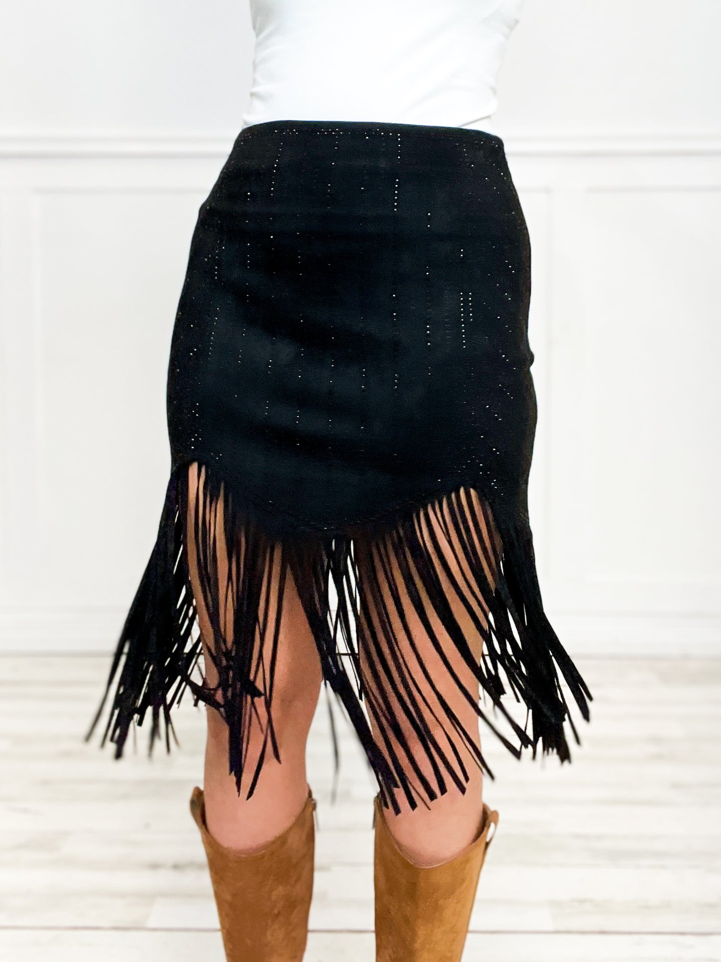 Laser Cut Detail Chic Suede Fringe Skirt