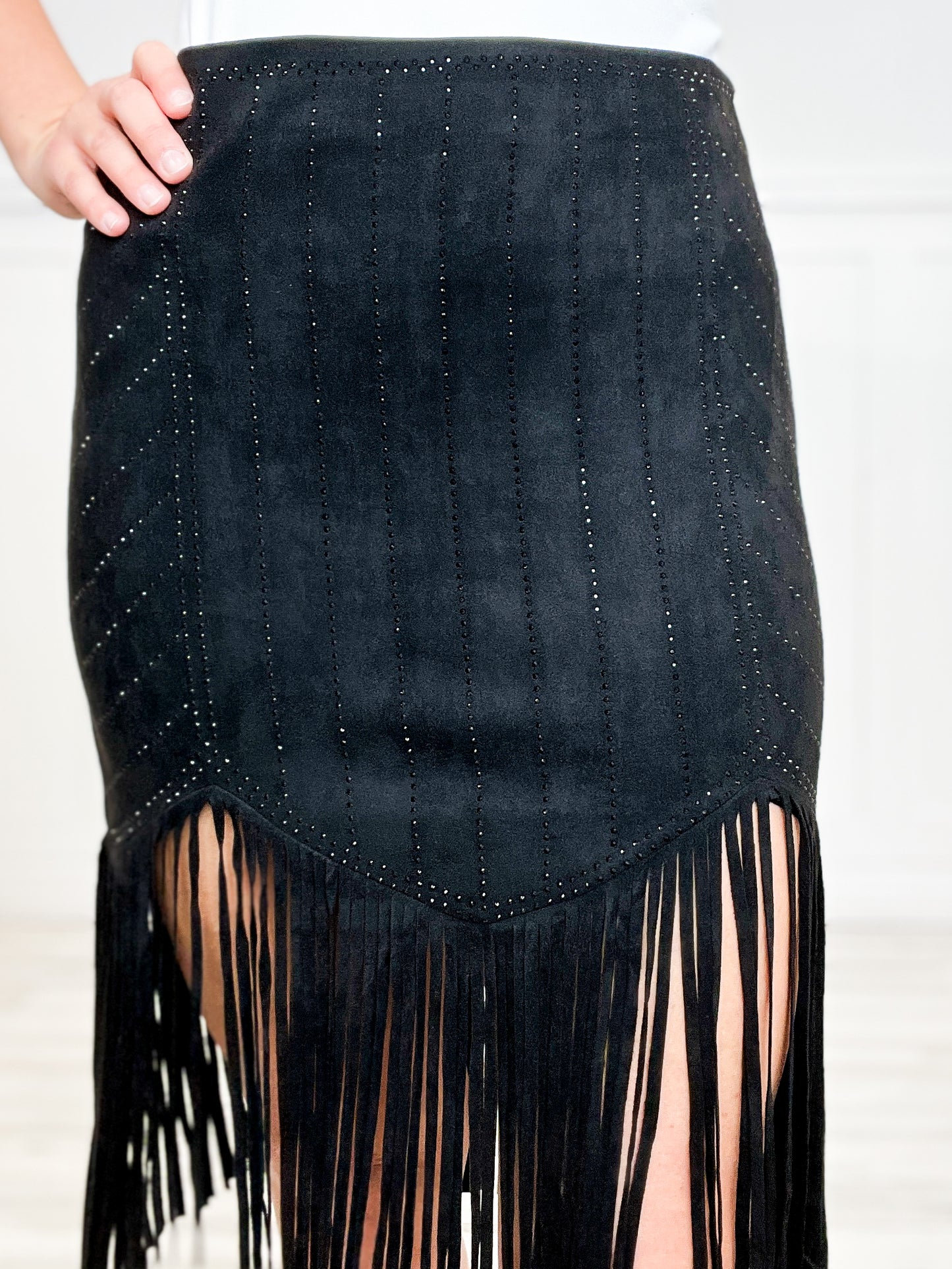 Laser Cut Detail Chic Suede Fringe Skirt