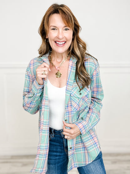 Plaid Button Down Top with Solid Detachable Hood