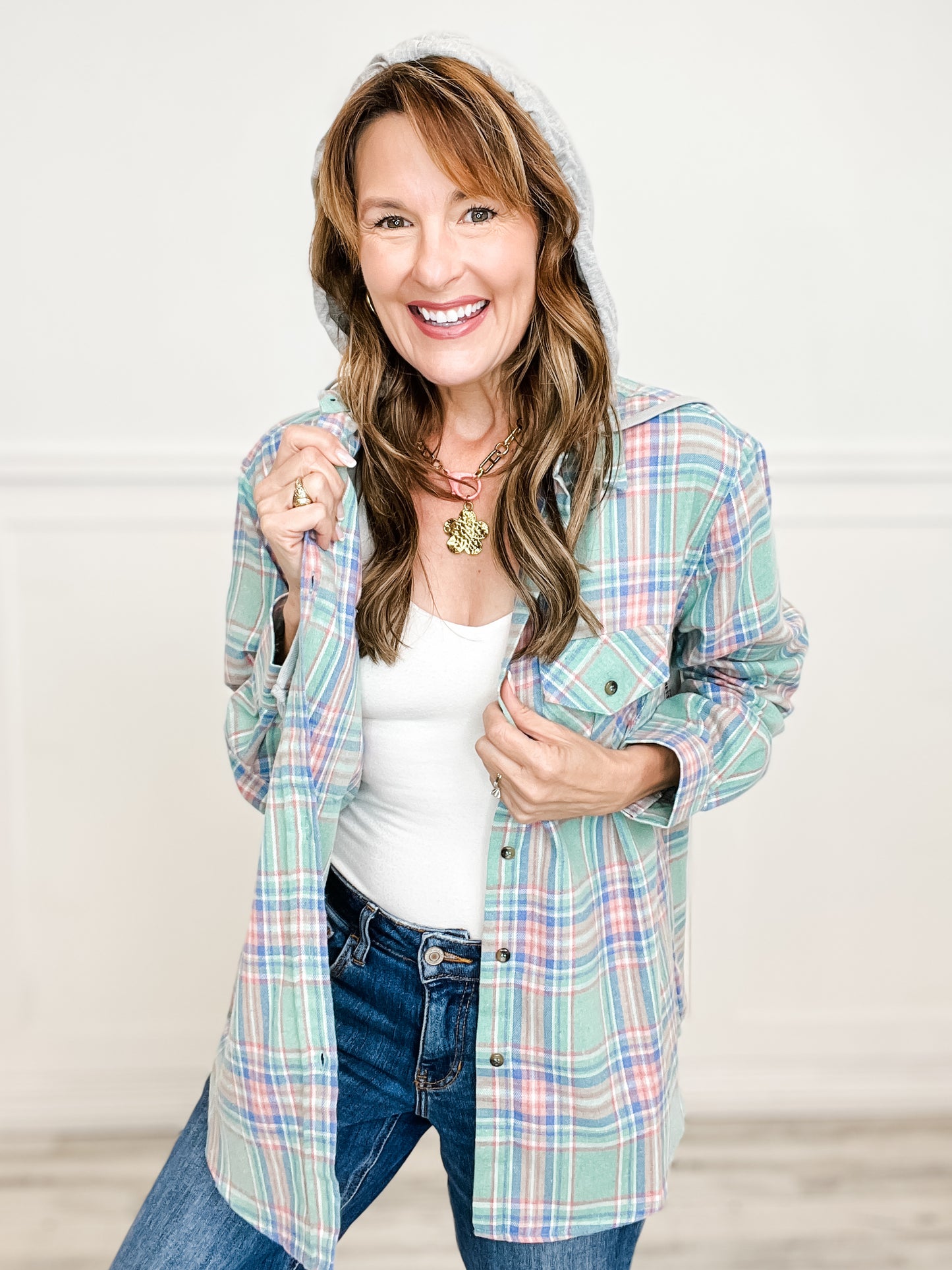 Plaid Button Down Top with Solid Detachable Hood