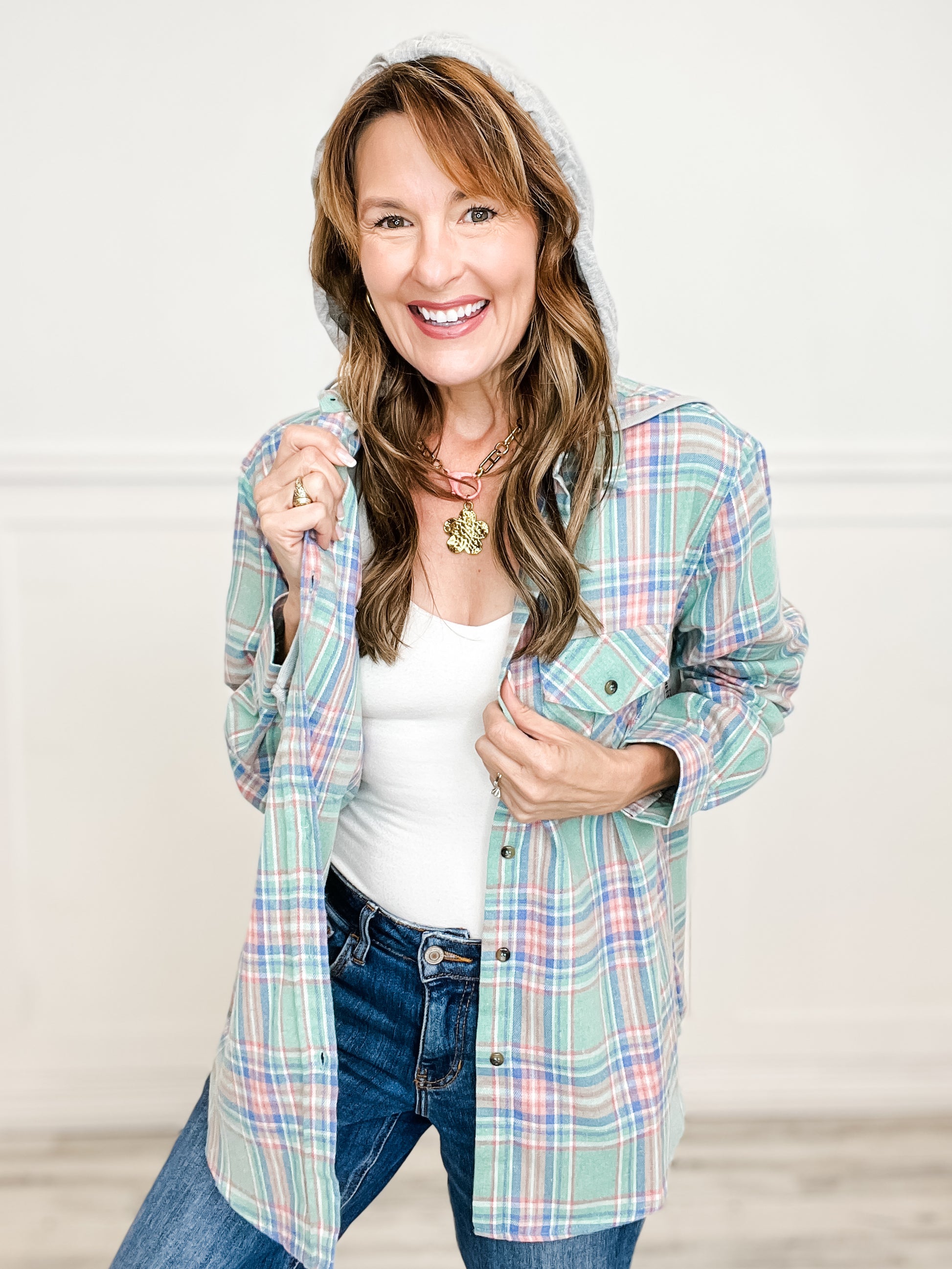 Plaid Button Down Top with Solid Detachable Hood