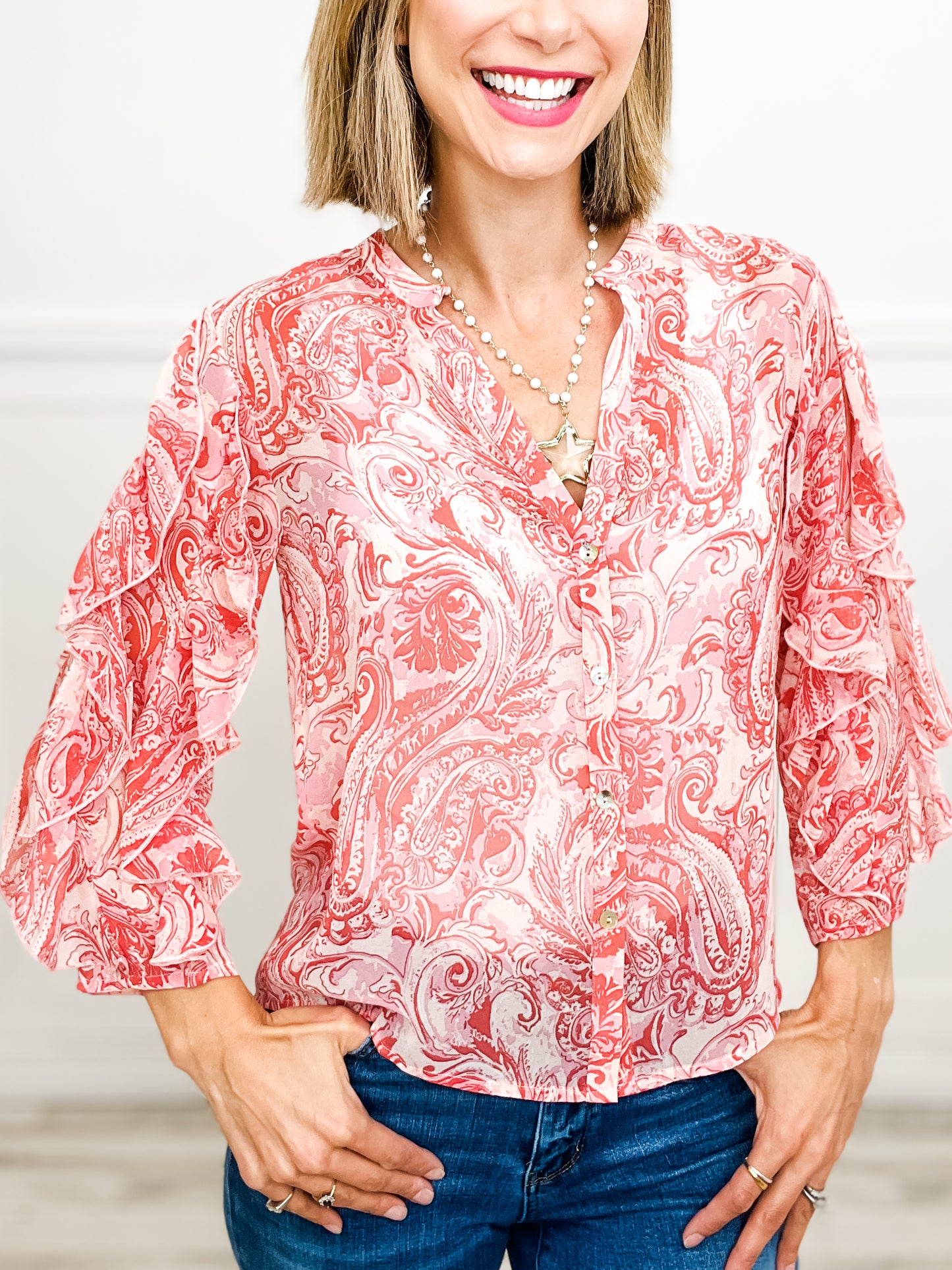 PAISLEY PRINT RUFFLE SLEEVE TOP